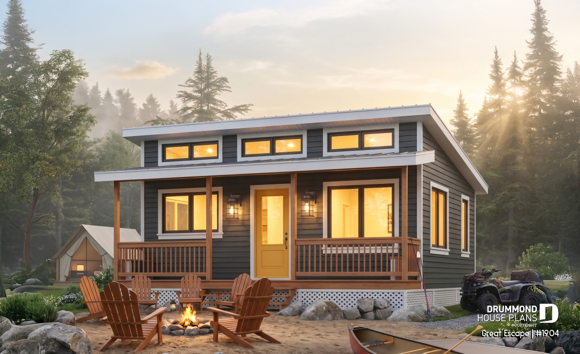front - BASE MODEL - Affordable small 2 bedroom cabin plan, wood stove, open concept, low budget construction - Great Escape