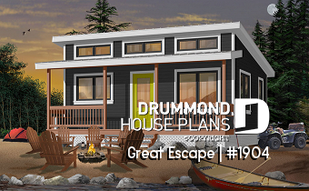 front - BASE MODEL - Affordable small 2 bedroom cabin plan, wood stove, open concept, low budget construction - Great Escape