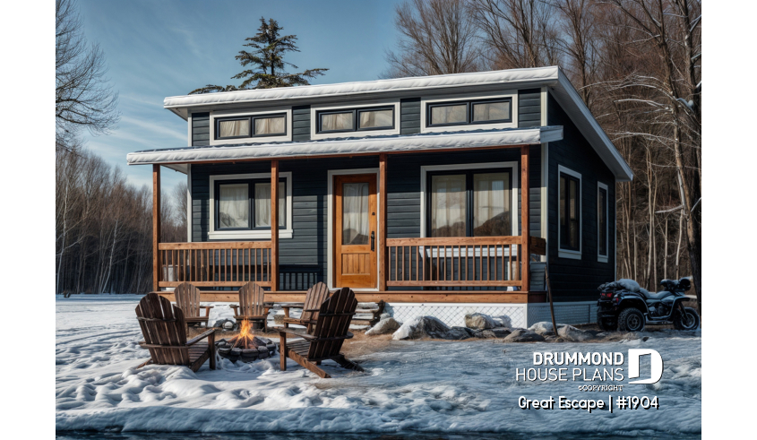 front - BASE MODEL - Affordable small 2 bedroom cabin plan, wood stove, open concept, low budget construction - Great Escape