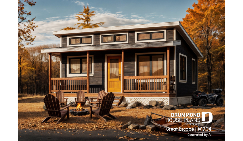 front - BASE MODEL - Affordable small 2 bedroom cabin plan, wood stove, open concept, low budget construction - Great Escape