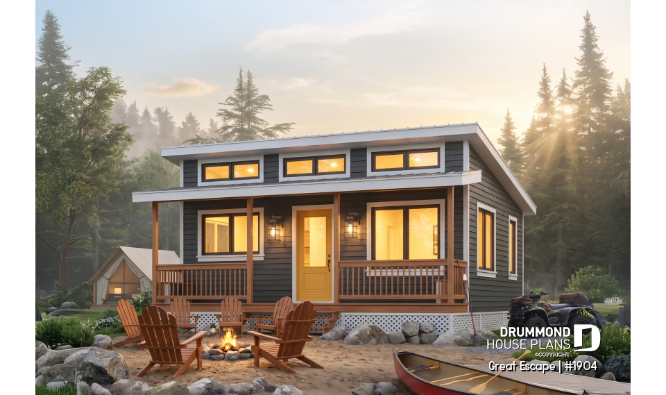front - BASE MODEL - Affordable small 2 bedroom cabin plan, wood stove, open concept, low budget construction - Great Escape