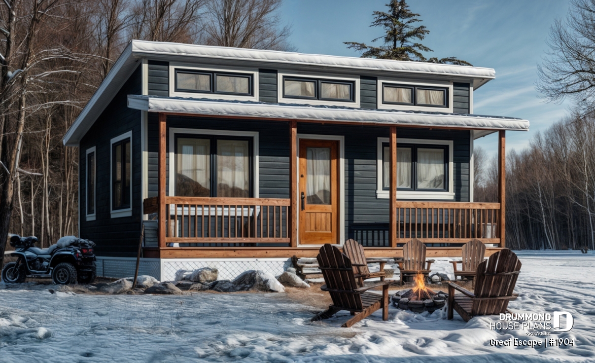 front - BASE MODEL - Affordable small 2 bedroom cabin plan, wood stove, open concept, low budget construction - Great Escape