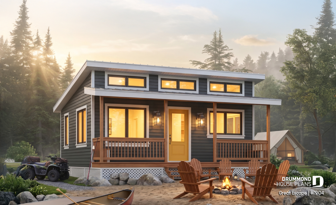 front - BASE MODEL - Affordable small 2 bedroom cabin plan, wood stove, open concept, low budget construction - Great Escape
