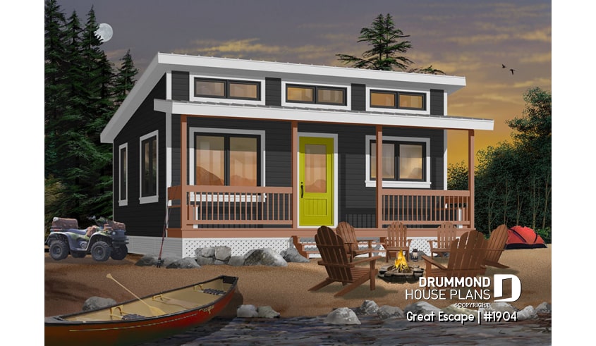 front - BASE MODEL - Affordable small 2 bedroom cabin plan, wood stove, open concept, low budget construction - Great Escape