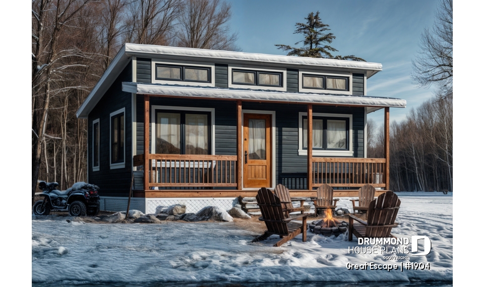 front - BASE MODEL - Affordable small 2 bedroom cabin plan, wood stove, open concept, low budget construction - Great Escape