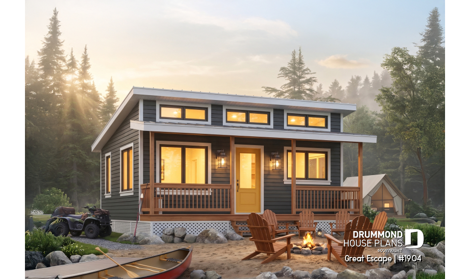 front - BASE MODEL - Affordable small 2 bedroom cabin plan, wood stove, open concept, low budget construction - Great Escape