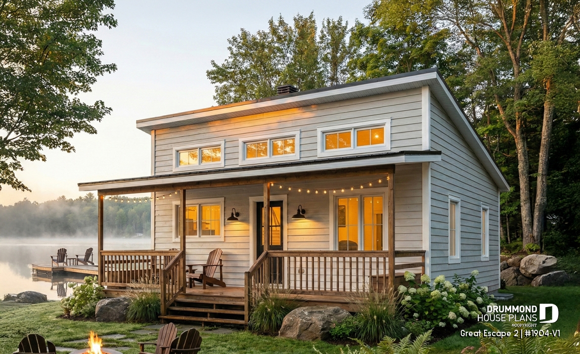 front - BASE MODEL - Small Modern Cottage Plan, Sloped Ceiling, One Large Bedroom, Wood Burning Stove, Open Concept - Great Escape 2