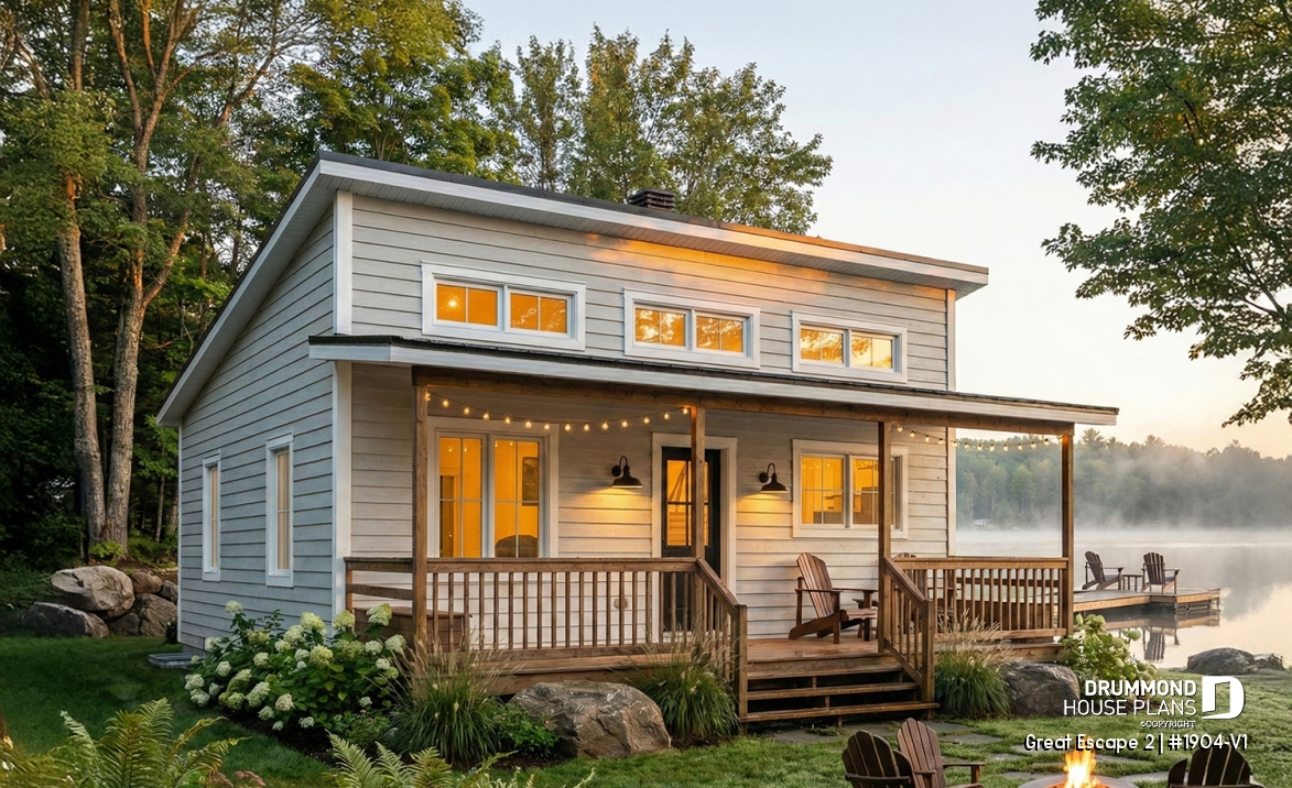 front - BASE MODEL - Small Modern Cottage Plan, Sloped Ceiling, One Large Bedroom, Wood Burning Stove, Open Concept - Great Escape 2