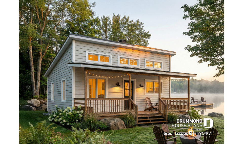 front - BASE MODEL - Small Modern Cottage Plan, Sloped Ceiling, One Large Bedroom, Wood Burning Stove, Open Concept - Great Escape 2