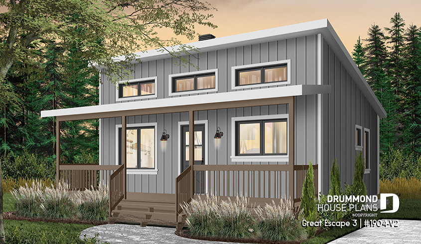 Color version 1 - Front - Small 2 bedroom cabin plan with unfinished basement, large covered front balcony and sloped ceiling - Great Escape 3