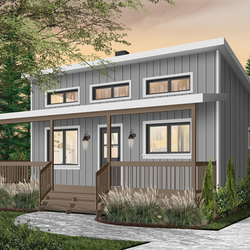 Color version 1 - Front - Modern 4-Season Chalet Plan – 2 to 4 Bedrooms, Flexible Basement and Wood-Burning Stove - Great Escape 3