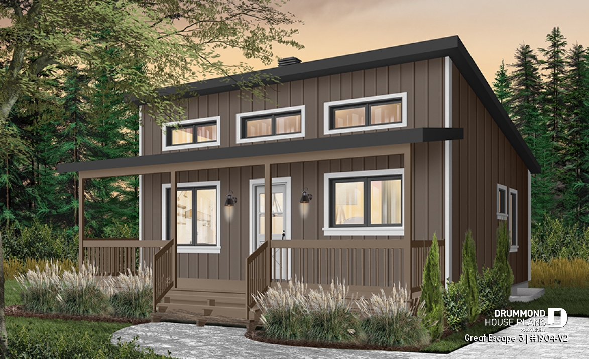 Color version 7 - Front - Modern 4-Season Chalet Plan – 2 to 4 Bedrooms, Flexible Basement and Wood-Burning Stove - Great Escape 3