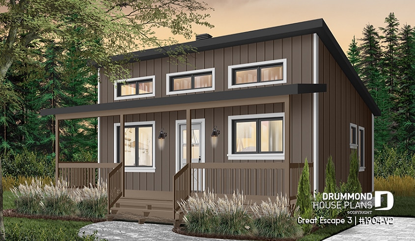 Color version 7 - Front - Modern 4-Season Chalet Plan – 2 to 4 Bedrooms, Flexible Basement and Wood-Burning Stove - Great Escape 3