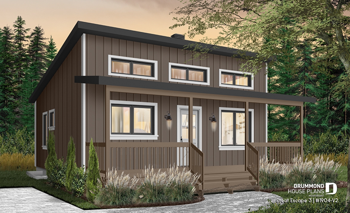 Color version 7 - Front - Modern 4-Season Chalet Plan – 2 to 4 Bedrooms, Flexible Basement and Wood-Burning Stove - Great Escape 3