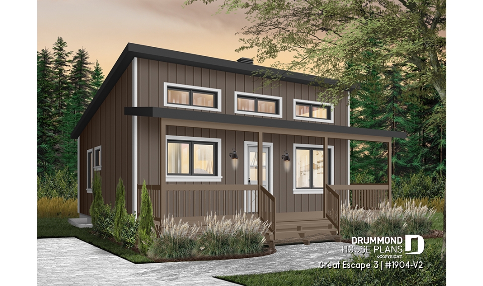 Color version 7 - Front - Modern 4-Season Chalet Plan – 2 to 4 Bedrooms, Flexible Basement and Wood-Burning Stove - Great Escape 3