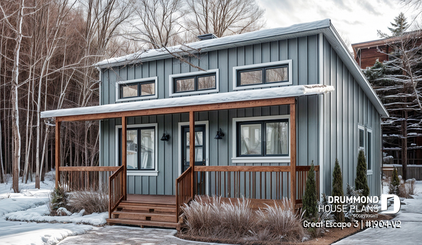 front - BASE MODEL - Small 2 bedroom cabin plan with unfinished basement, large covered front balcony and sloped ceiling - Great Escape 3