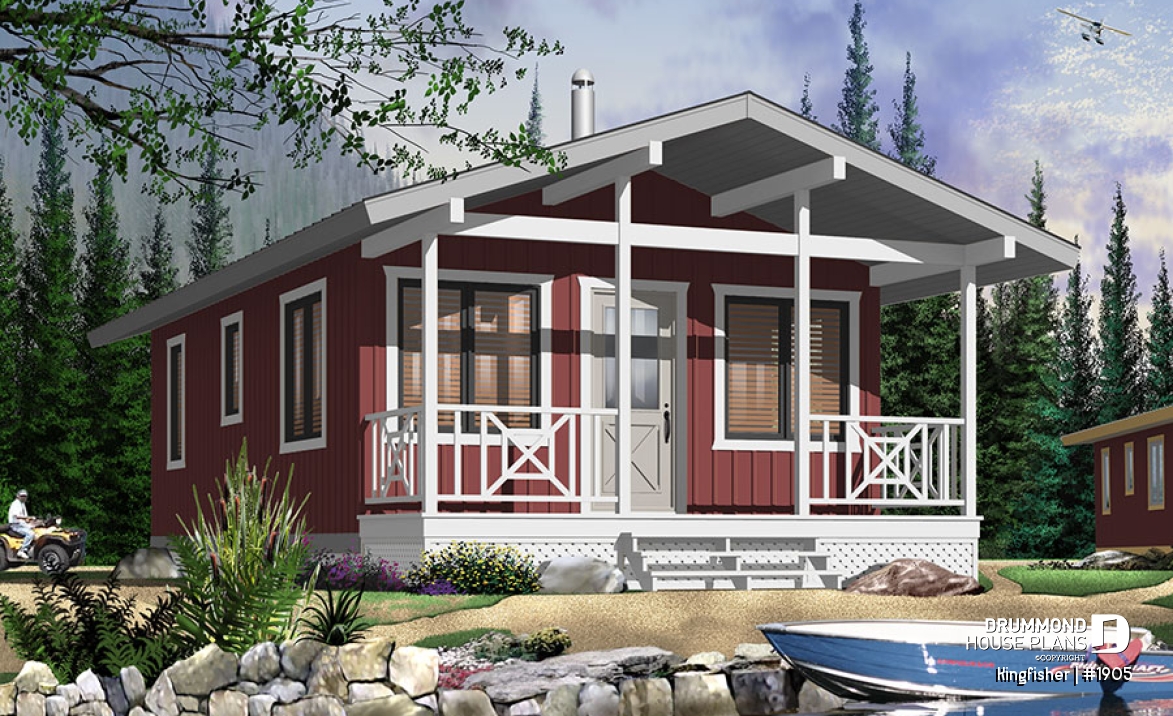 Color version 3 - Front - Small country cabin plan with 2 bedrooms, open kitchen family room, shower room, covered porch - Kingfisher