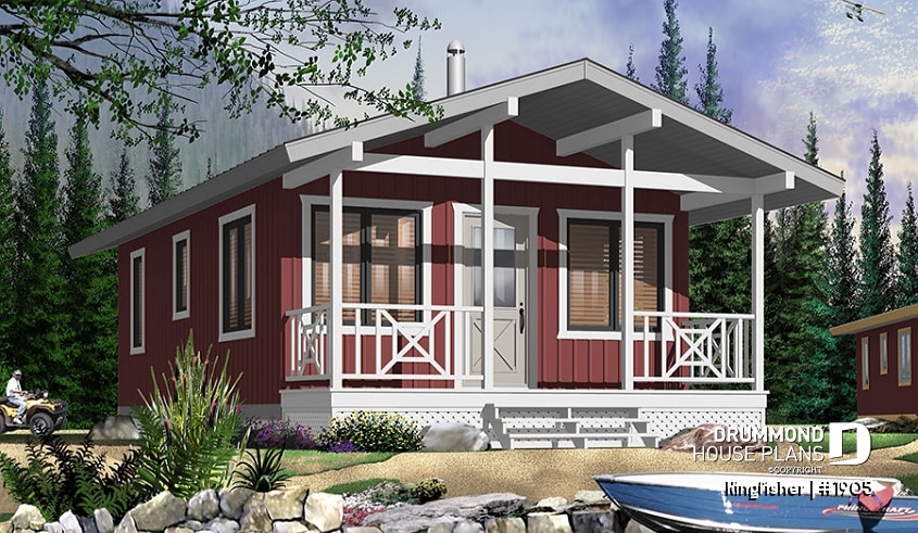 Color version 3 - Front - Small country cabin plan with 2 bedrooms, open kitchen family room, shower room, covered porch - Kingfisher