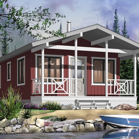 Color version 3 - Front - Small country cabin plan with 2 bedrooms, open kitchen family room, shower room, covered porch - Kingfisher