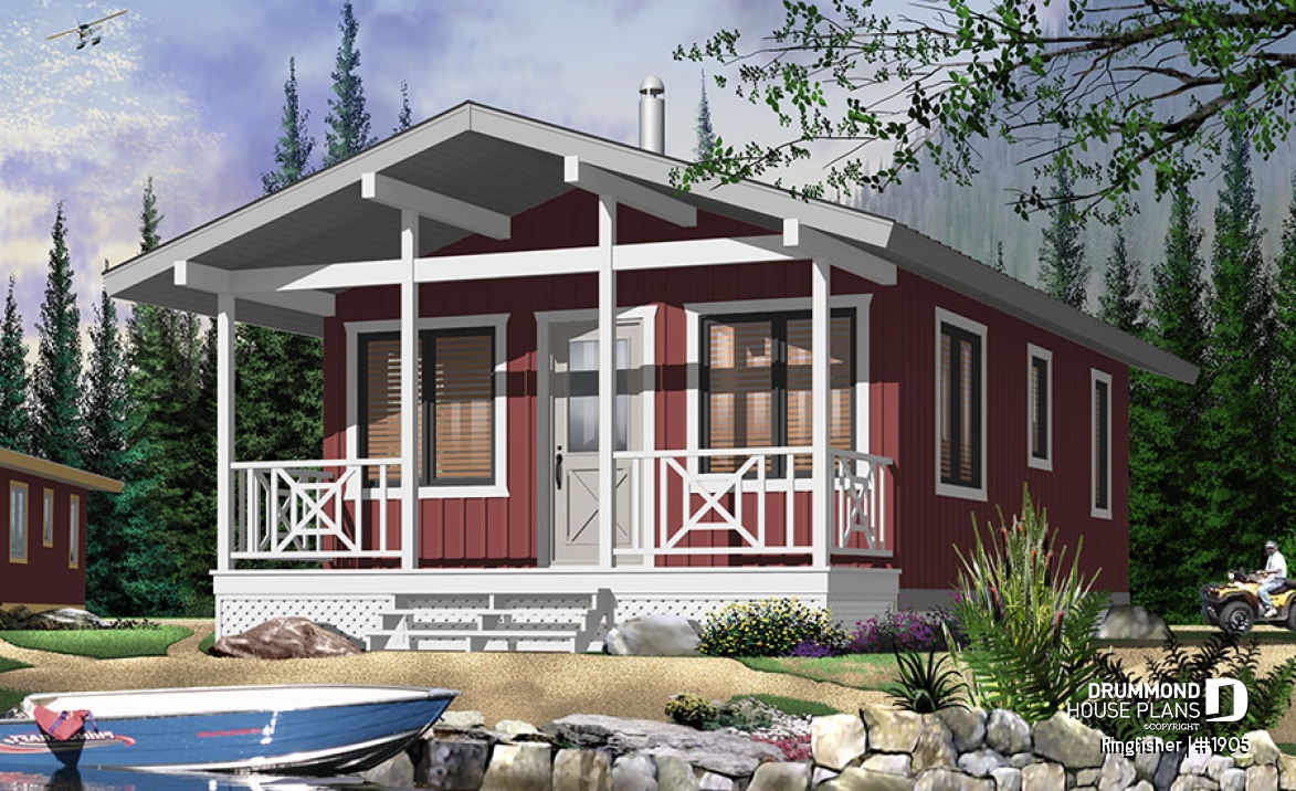 Color version 3 - Front - Small country cabin plan with 2 bedrooms, open kitchen family room, shower room, covered porch - Kingfisher