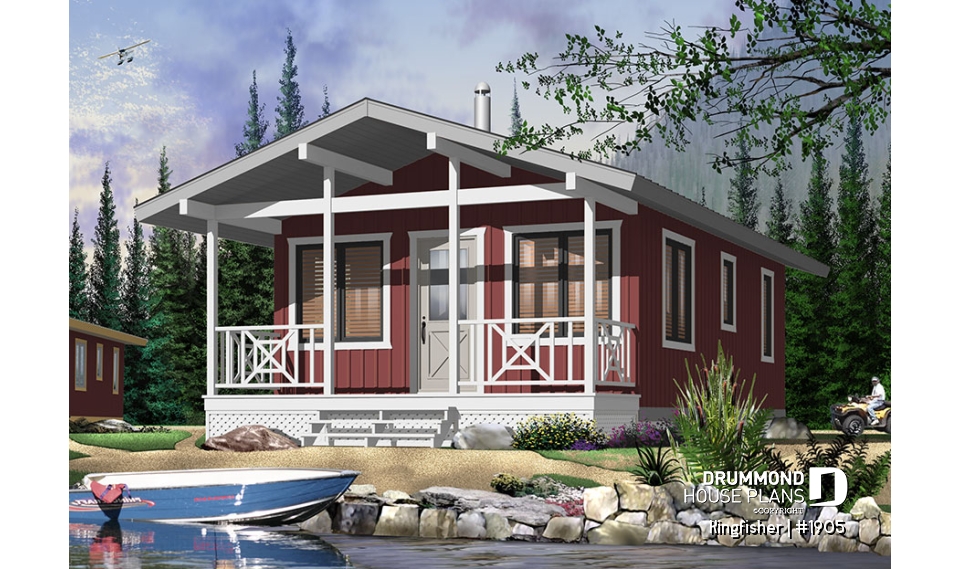 Color version 3 - Front - Small country cabin plan with 2 bedrooms, open kitchen family room, shower room, covered porch - Kingfisher