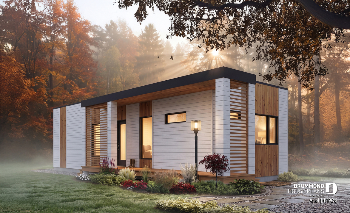 front - BASE MODEL - Modern 631 sq.ft. tiny house plan, 2 bedrooms, 9' ceiling, ideal for vegetable garden rooftop  - Ariel