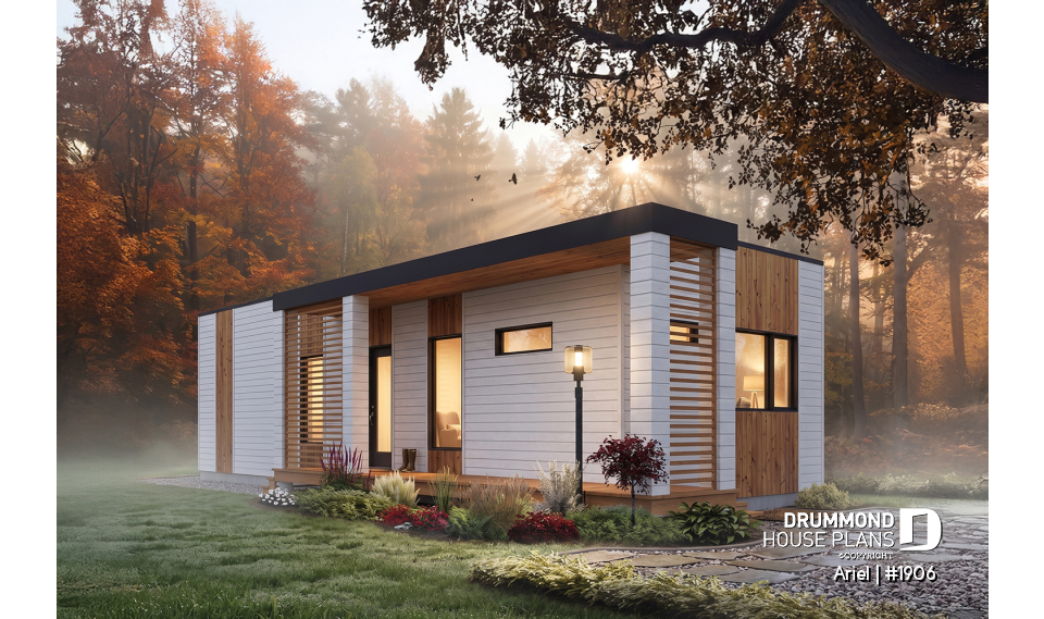 front - BASE MODEL - Modern 631 sq.ft. tiny house plan, 2 bedrooms, 9' ceiling, ideal for vegetable garden rooftop  - Ariel