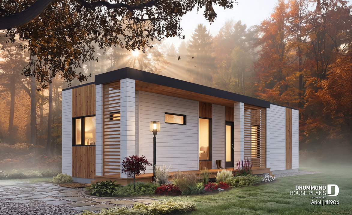 front - BASE MODEL - Modern 631 sq.ft. tiny house plan, 2 bedrooms, 9' ceiling, ideal for vegetable garden rooftop  - Ariel