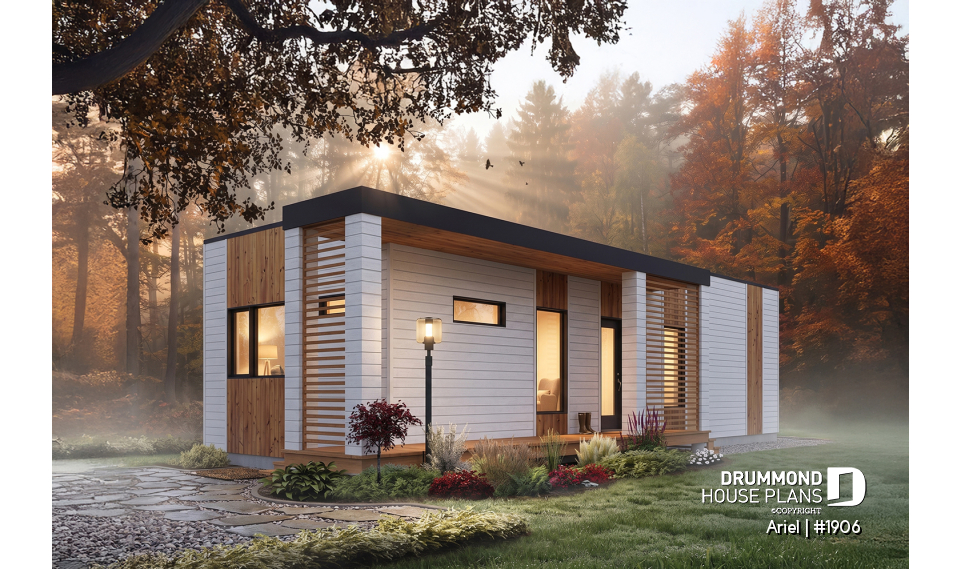 front - BASE MODEL - Modern 631 sq.ft. tiny house plan, 2 bedrooms, 9' ceiling, ideal for vegetable garden rooftop  - Ariel