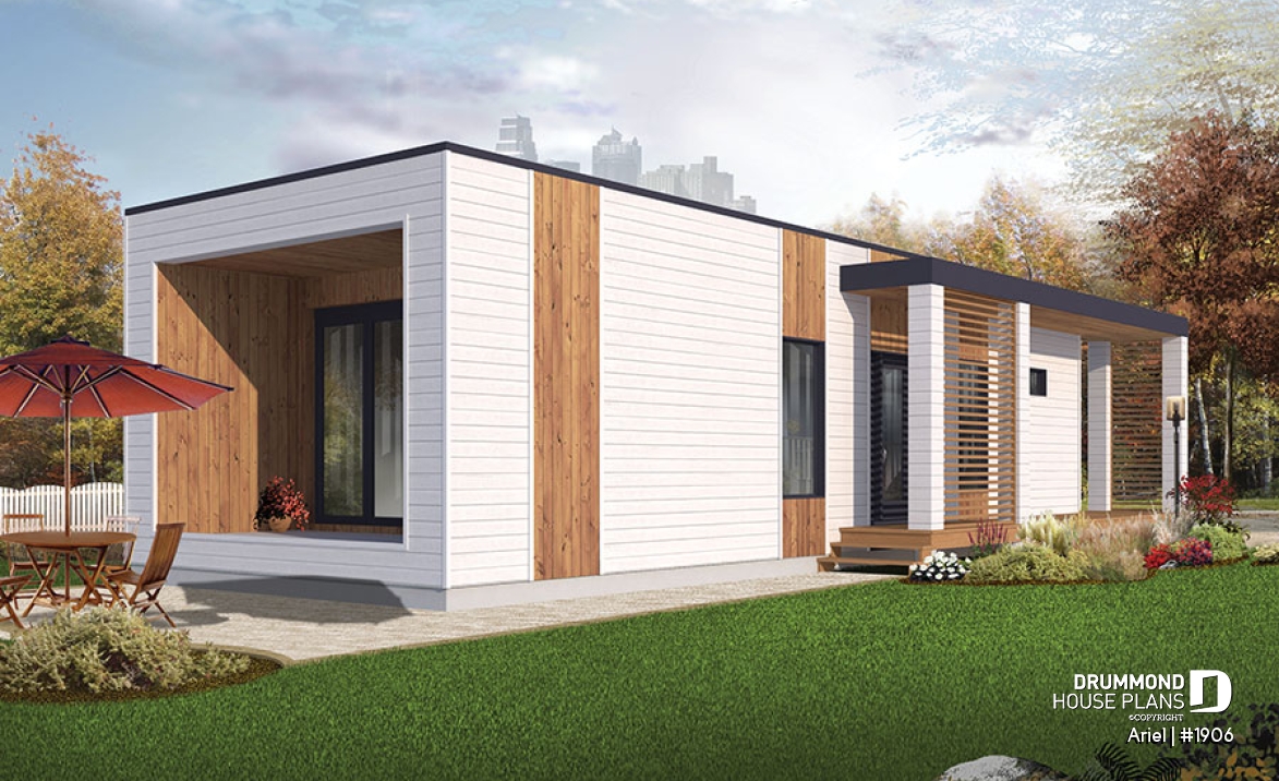 Rear view - BASE MODEL - Modern 631 sq.ft. tiny house plan, 2 bedrooms, 9' ceiling, ideal for vegetable garden rooftop  - Ariel