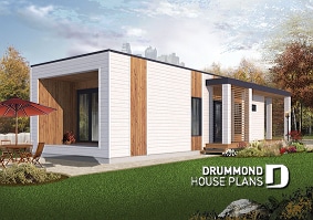 Rear view - BASE MODEL - Modern 631 sq.ft. tiny house plan, 2 bedrooms, 9' ceiling, ideal for vegetable garden rooftop  - Ariel