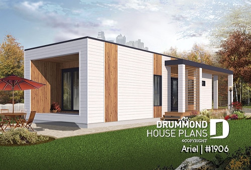 Rear view - BASE MODEL - Modern 631 sq.ft. tiny house plan, 2 bedrooms, 9' ceiling, ideal for vegetable garden rooftop  - Ariel
