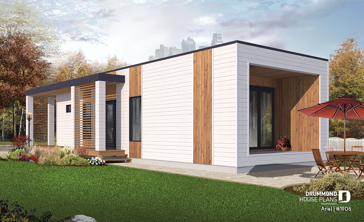 Rear view - BASE MODEL - Modern 631 sq.ft. tiny house plan, 2 bedrooms, 9' ceiling, ideal for vegetable garden rooftop  - Ariel