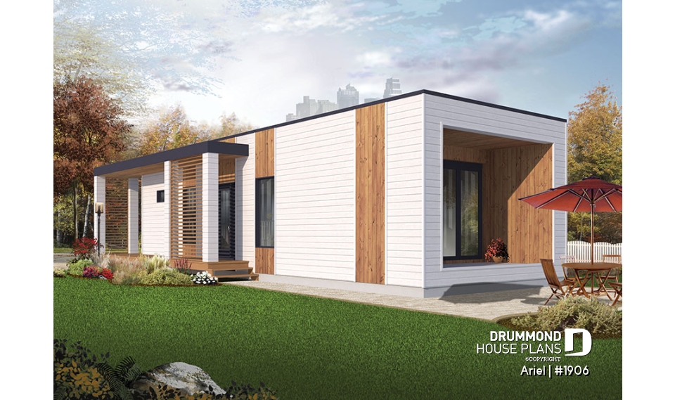 Rear view - BASE MODEL - Modern 631 sq.ft. tiny house plan, 2 bedrooms, 9' ceiling, ideal for vegetable garden rooftop  - Ariel