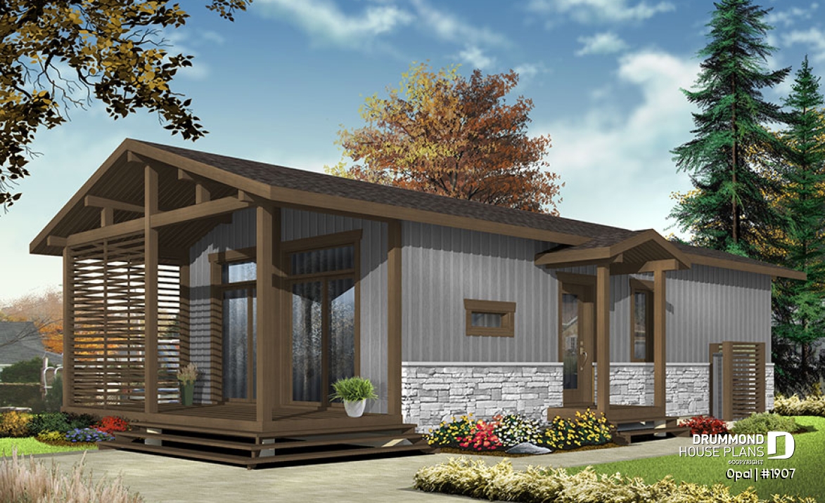 Color version 3 - Front - Modern Rustic 700 sq.ft. tiny small house plan or cabin plan, very versatile, 2+ bedrooms, large covered deck - Opal