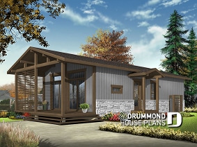 Color version 3 - Front - Modern Rustic 700 sq.ft. tiny small house plan or cabin plan, very versatile, 2+ bedrooms, large covered deck - Opal