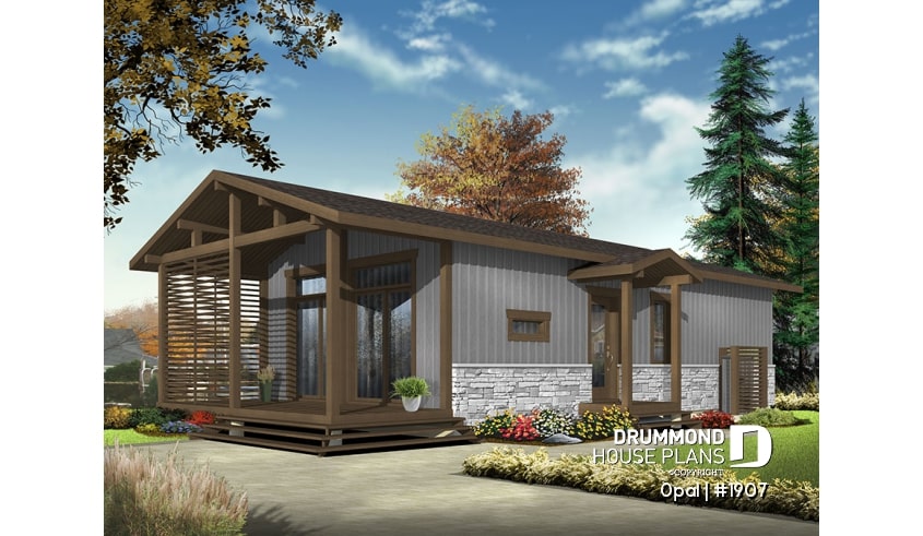Color version 3 - Front - Modern Rustic 700 sq.ft. tiny small house plan or cabin plan, very versatile, 2+ bedrooms, large covered deck - Opal