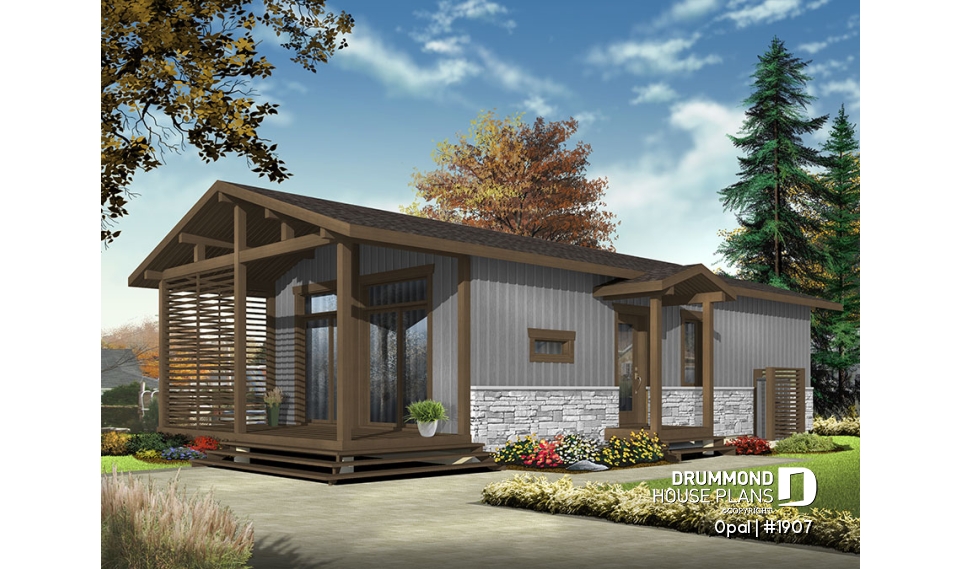 Color version 3 - Front - Modern Rustic 700 sq.ft. tiny small house plan or cabin plan, very versatile, 2+ bedrooms, large covered deck - Opal