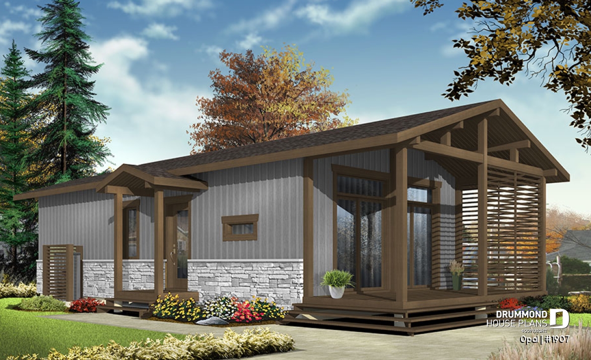 Color version 3 - Front - Modern Rustic 700 sq.ft. tiny small house plan or cabin plan, very versatile, 2+ bedrooms, large covered deck - Opal