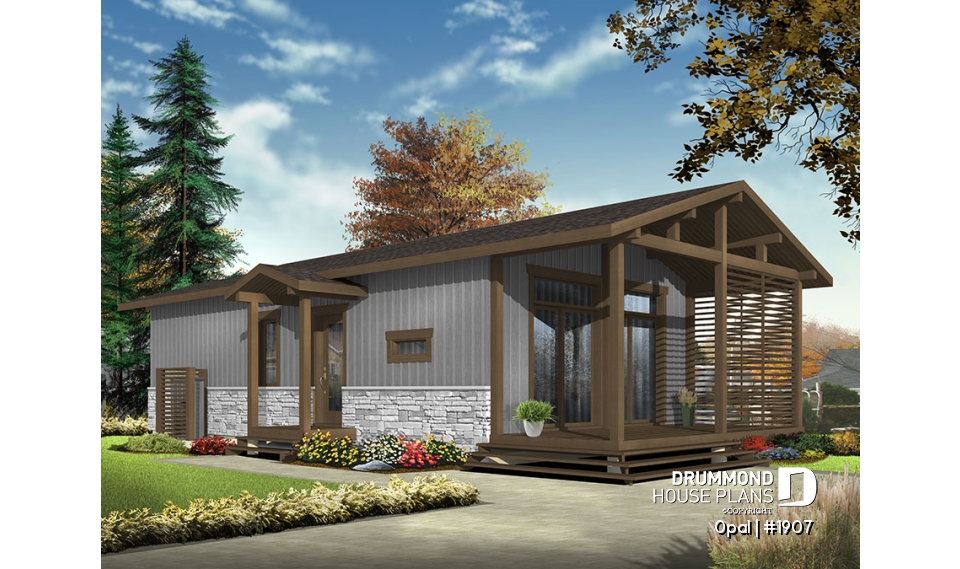 Color version 3 - Front - Modern Rustic 700 sq.ft. tiny small house plan or cabin plan, very versatile, 2+ bedrooms, large covered deck - Opal