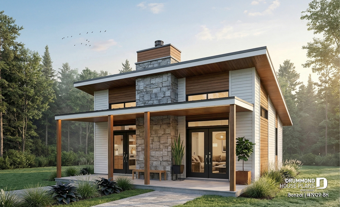 front - BASE MODEL - Modern small home or cabin plan with a charming covered front balcony, 2 bedrooms, central fireplace - Bonzai