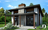 front - BASE MODEL - Modern small home or cabin plan with a charming covered front balcony, 2 bedrooms, central fireplace - Bonzai