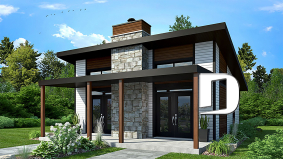 front - BASE MODEL - Modern small home or cabin plan with a charming covered front balcony, 2 bedrooms, central fireplace - Bonzai