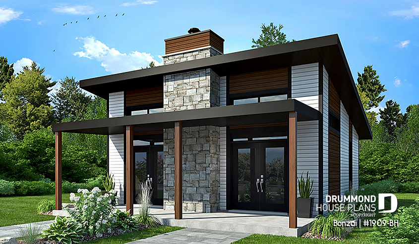 front - BASE MODEL - Modern small home or cabin plan with a charming covered front balcony, 2 bedrooms, central fireplace - Bonzai