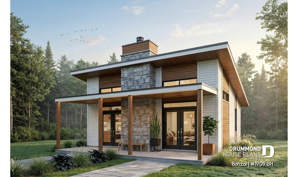 front - BASE MODEL - Modern small home or cabin plan with a charming covered front balcony, 2 bedrooms, central fireplace - Bonzai