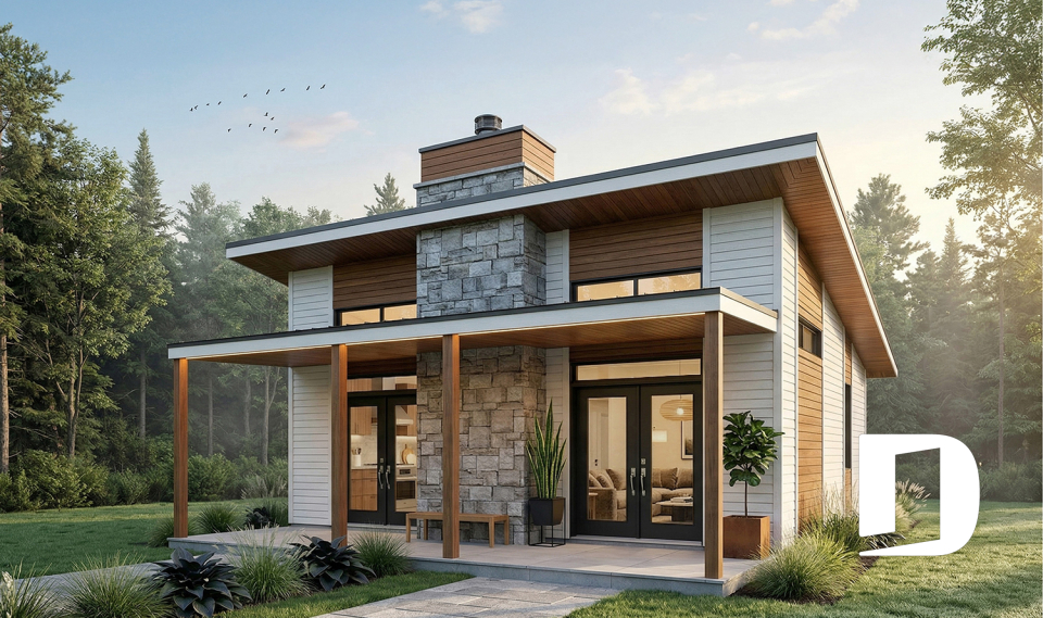 front - BASE MODEL - Modern small home or cabin plan with a charming covered front balcony, 2 bedrooms, central fireplace - Bonzai