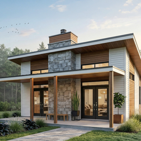 front - BASE MODEL - Modern small home or cabin plan with a charming covered front balcony, 2 bedrooms, central fireplace - Bonzai