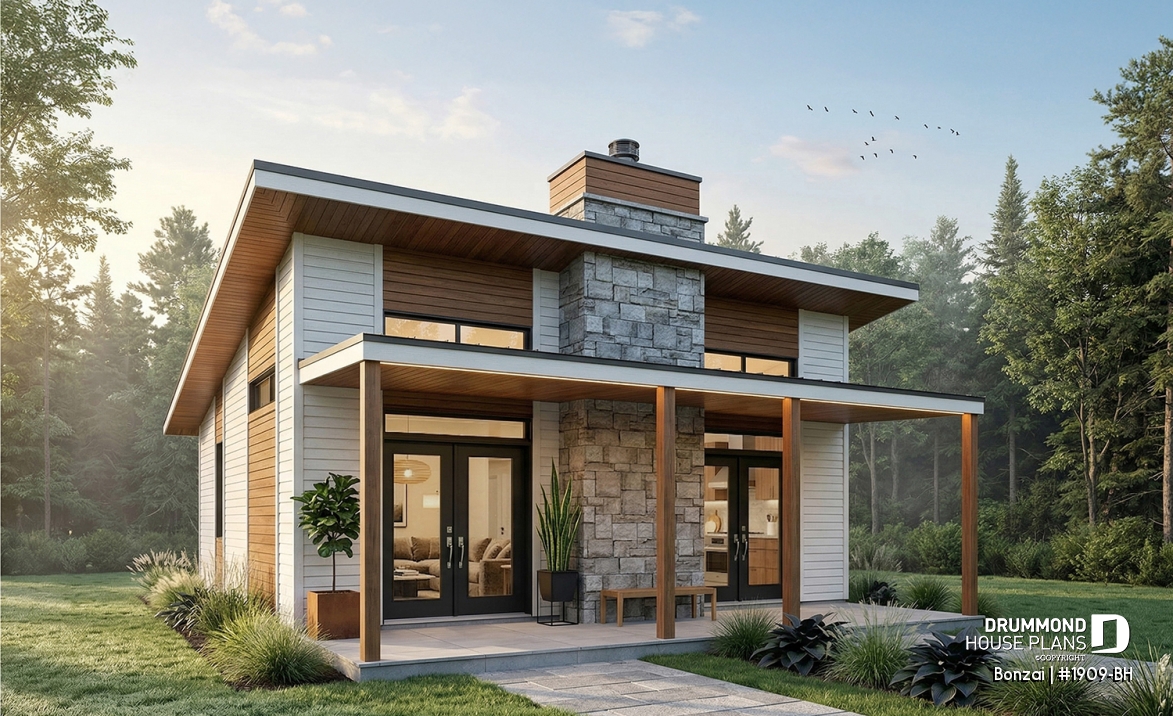 front - BASE MODEL - Modern small home or cabin plan with a charming covered front balcony, 2 bedrooms, central fireplace - Bonzai