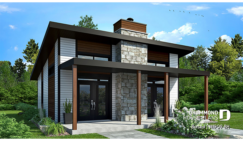 front - BASE MODEL - Modern small home or cabin plan with a charming covered front balcony, 2 bedrooms, central fireplace - Bonzai