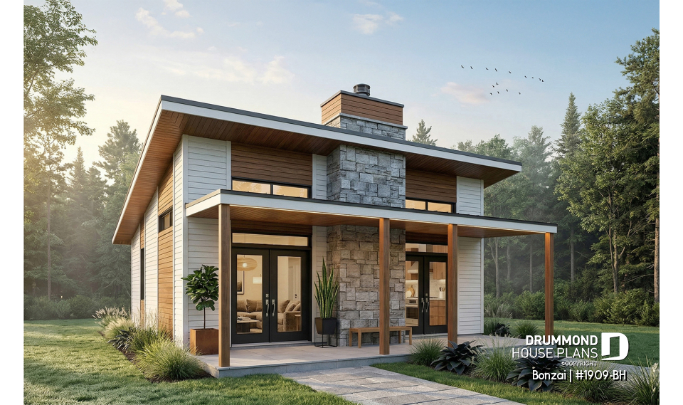 front - BASE MODEL - Modern small home or cabin plan with a charming covered front balcony, 2 bedrooms, central fireplace - Bonzai